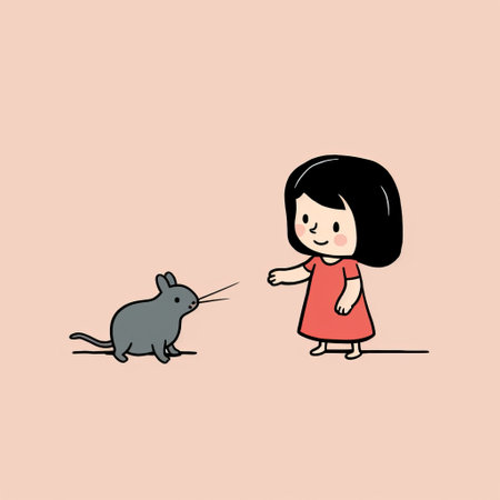 a playful minimalist illustration of a girl standing with a gray rat, inspired by thai art. this candid moment captured on 70mm film showcases the light red and dark beige color palette. the illustration beautifully depicts the connection between humans and animals. ai generatedの素材