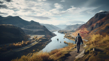 a person stands on an unmarked trail, surrounded by an unreal mountain landscape and a flowing river. this 8k resolution image captures the essence of a dutch landscape, with anglocore influences and moody colors. the terragen software adds a touch of realism to this everyday life depiction, where the metropolis meets nature. ai generatedの素材