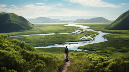 a girl gazes at the river and mountains, surrounded by lively coastal landscapes. this national geographic photo captures the beauty in 8k resolution, showcasing the organic nature-inspired forms. the scene is adorned with shades of light green and navy, reminiscent of rural america and scottish landscapes. ai generatedの素材