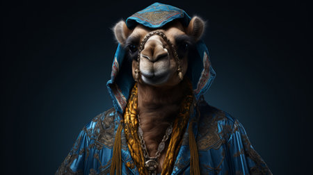 a camel, dressed in a blue robe embellished with gold and silver, is captured in a photorealistic portrait style. the detailed and layered composition, created using cinema4d and unreal engine 5, showcases the camel's bold fashion. this hip-hop inspired photograph is taken with a fujifilm x-t4 camera. ai generatedの素材