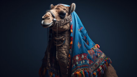 camel wearing a blue wrap stands out against a black background in this stock photo. the image showcases a narrative-driven visual storytelling style, with layered patterns and elaborate textiles. the camel's colorful costume adds visual interest, while the use of visual puns creates a playful atmosphere. captured with a fujifilm x-t4, this photo offers photorealistic renderings of the scene. ai generatedの素材