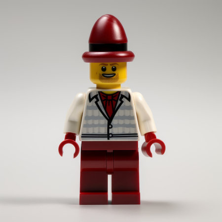 lego movie character wearing a red jacket and cap, showcasing a humorous tone. the character's costume design is neo-victorian, featuring fine lines and a fanciful style. the color palette consists of dark red and white, creating a visually striking appearance. the image was captured using a steinheil quinon 55mm f/1.9 lens, resulting in a low-resolution photograph. ai generatedの素材