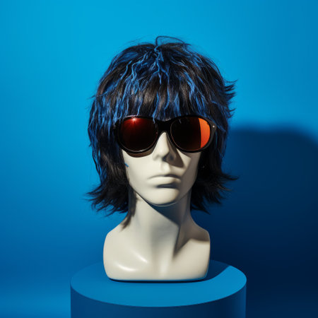 a bald male mannequin wearing sunglasses stands against a vibrant blue backdrop, reminiscent of the 1970s. the electric colors, jagged edges, and 1960s-inspired style give it a unique ragepunk aesthetic. the dark crimson and light blue hues create a marbleized effect, adding to the overall striking appearance. ai generatedの素材