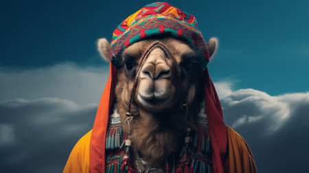 a camel posing for a photo in a vibrant and layered imagery style, adorned with colorful costumes against a backdrop of dark sky-blue and dark orange. the emotionally charged portrait captures the essence of photojournalism, with a touch of religious symbolism and a hint of kombuchapunk aesthetic. ai generatedの素材