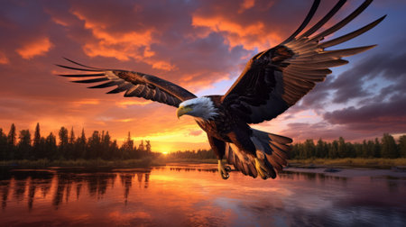 a majestic eagle gracefully perches on a branch, silhouetted against a vibrant sunset. the intricate details of its feathers are highlighted, showcasing its beauty and strength. the hdr photography techniques used enhance the lighting, creating a dynamic composition that captures the awe-inspiring moment in nature. ai generatedの素材