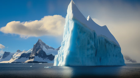 island worlds of antarctica captured in this award-winning national geographic cover photo by sebastian copeland. the image showcases a giant iceberg cliff, bathed in the warm hues of the afternoon sun. with its wonderful cyan and blue tones, the photo's hdr technique brings out the ultra-detailed beauty of the landscape. the stunning grading adds to the overall atmospheric appeal of this mesmerizing shot. ai generatedの素材