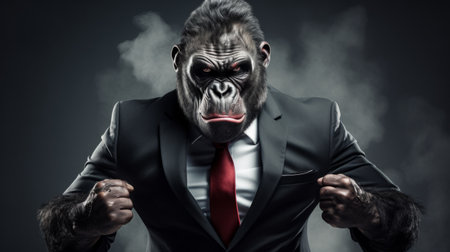 a business gorilla suit, resembling a human, engages in a fierce battle with a businessman. this intense chiaroscuro portrait captures their strong facial expressions and the dramatic lighting adds to the powerful and emotive portraiture. the low resolution of the image enhances its ratcore aesthetic, while the uhd quality ensures a visually striking experience. ai generatedの素材