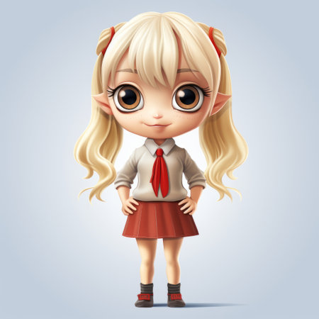 blonde girl in red shirt and tie, standing on a blue background. anime-inspired character design with a cute and realistic appearance. light white and bronze tones enhance the detailed and symmetrical features. created using ue5 technology, this character design is perfect for booru enthusiasts. ai generatedの素材