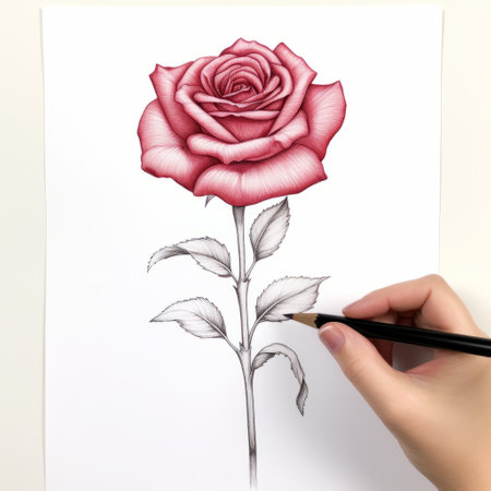 hands drawing a hyper-detailed, realistic rose with a pencil. the style of the illustration is inspired by victorian-era scientific illustrations, featuring light pink and dark crimson colors. the high-contrast shading adds depth and enhances the iconic beauty of the artwork. ai generatedの素材
