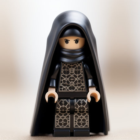 the star wars minifigure of the evil queen's savannah is captured in the artistic style of shirin neshat. this monochromatic photograph, taken with the sigma 85mm f1.4 dg hsm art lens, showcases intricate patterns and details. the depth of field adds a sense of depth and the romaneque and hurufiyya influences are evident in the composition. ai generatedの素材