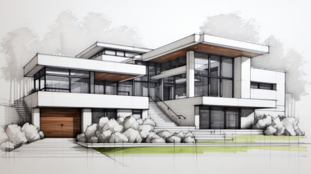 an apartment building sketch showcasing the luxurious modern style with a touch of zen-inspired elements. the detailed rendering highlights the polished craftsmanship and delicately portrays serene landscapes. the soft renderings beautifully capture the postmodern eclectic mix, featuring layered mesh patterns in a harmonious blend of dark white and light green tones. ai generatedの素材