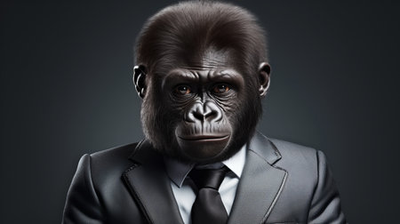 a man dressed as a gorilla poses against a dark background in this photorealistic portrait. the reductionist form and commercial imagery style capture the essence of the subject. inspired by the works of lorenz hideyoshi, the image showcases elegant and emotive faces. this close-up shot evokes the presence of warren buffet. ai generatedの素材