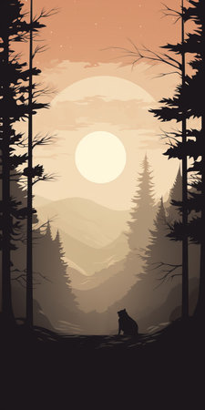 a poster featuring a romantic illustration of a forest, with a caninecore theme. the color palette consists of dark beige and white, creating a dreamy atmosphere. the everyday life of the forest is depicted through silhouette figures against a smokey background. shot using kodak colorplus film. ai generatedの素材