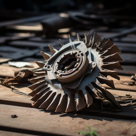 scrap metal, in the style of carl zeiss distagon t 15mm f28 ze, lies scattered on a wooden floor. the structural symmetry of the khmer art is evident as sunrays shine upon the rusty debris. this industrial design showcases fine feather details. ai generatedの素材
