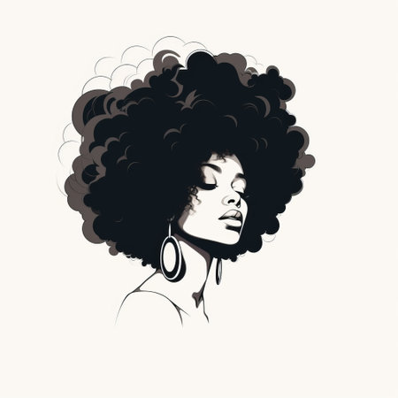 a black girl with big hair is depicted in this drawing, showcasing a retro charm with minimalist monochromes. the artwork is created using airbrush techniques, resulting in a natural and silhouette-like figure. the highly detailed features and gentle expressions add depth and emotion to the overall composition. ai generatedの素材