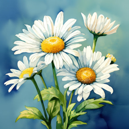 a photo of a daisy blossom coloring book art app for tablets. the app features realistic watercolor paintings in dark white and sky-blue tones. the still life painting showcases a daisy blossom in a golden ratio composition. the traditional oil painting style and painterly technique give the illustration a beautiful and artistic look. ai generatedの素材