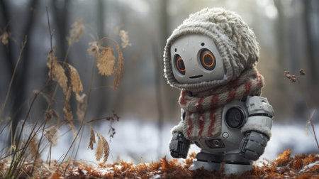 a robotic cute teddy bear stands in the woods, dressed in a winter outfit. this futuristic realism-inspired bear combines dark white and dark orange colors, giving it a unique villagecore aesthetic. with machine-like precision, it captivates viewers in stunning 8k resolution. the bear's light gray and amber tones, captured by the minolta riva mini, add an extra touch of charm to this enchanting image. aiの素材