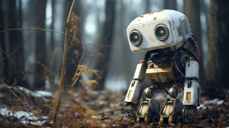 a cute and quirky robot stands amidst the woods, its gray and amber colors blending seamlessly with the natural surroundings. captured in soft-focused realism, this playful cartoon-like image showcases the robot's unique charm. with an 8k resolution, this national geographic-style photo brings the whimsical world of dieselpunk to life. ai generatedの素材