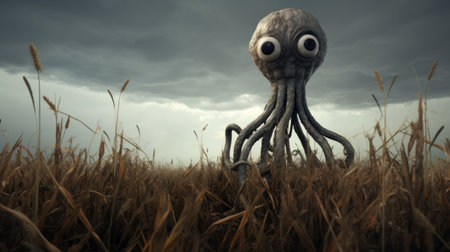 a kraken, reminiscent of goro fujita's style, stands tall in a field, exuding a moody and atmospheric presence. the alberto giacometti influence is evident in its slender and bone-like appearance. this 8k 3d image captures the kraken in all its soggy magnificence. ai generatedの素材