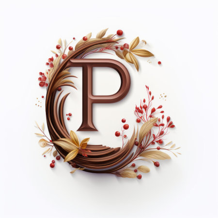 engraved lettering of the letter "p" with brown leaves and berries on a white background. this unique artwork combines realistic and fantastical elements, featuring soft edges and blurred details. the design incorporates portraiture iconography and showcases a floralpunk aesthetic. with innovative page design and nature-inspired installations, this visually stunning piece is brought to life through physically based rendering techniques. ai generatedの素材