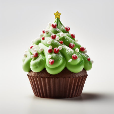 a green christmas cupcake with red frosting and a christmas tree decoration. rendered in cinema4d by marcin sobas, the cupcake features a combination of dark white and light green colors. the design is inspired by irving penn's style and showcases physically based rendering techniques. the frosting has been poured and the overall aesthetic is reminiscent of stephen shortridge's work. ai generatedの素材