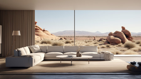 a modern living room with a desert view, showcasing a 3d interior design inspired by minimalist monochromatic landscapes. captured with the zeiss milvus 25mm f/1.4 lens, this photo highlights the romantic and serene outdoor scenes. the muted palette and terracotta accents add to the overall aesthetic, reminiscent of serene oceanic vistas. ai generatedの素材