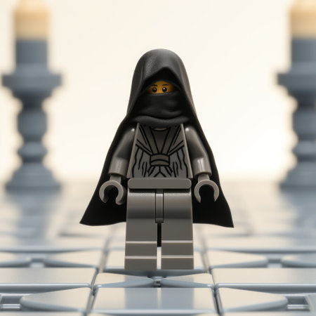 lego movie star wars rogues figure with camouflage, captured in a stark black and white photograph. the image showcases orderly symmetry, evoking a dramatic and somber religious atmosphere. inspired by cobra art and hieratic visionary aesthetics, the figure stands out in shades of gray and amber against a captivating grid backdrop. ai generatedの素材
