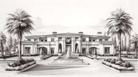 architectural drawings showcase a classically designed mansion, reminiscent of old classic houses. the drawings, created by mr. jay anacleto, beautifully incorporate elements of phoenician art and tami bone's style. this uhd image captures the dramatic splendor of the mansion, with flowing lines and a touch of stephen shortridge's artistic flair. ai generatedの素材