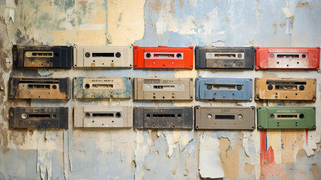 cassette tapes hang on a wall in an auditorium, showcasing distressed and weathered surfaces. the playful compositions by antanas sutkus capture neoclassical compositions, color photography, and low resolution. this unique display combines the nostalgia of cassette tapes with the artistic elements of ceramic street art. ai generatedの素材