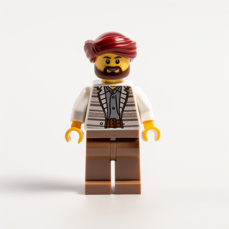 lego brick figurine with a turban, against a white background. this high-quality photo captures the essence of siya oum's animated film pioneer style, featuring mixed patterns reminiscent of john singer sargent's 19th-century artwork. the turban is beautifully adorned with light maroon and white colors, adding an elegant touch to the composition. ai generatedの素材