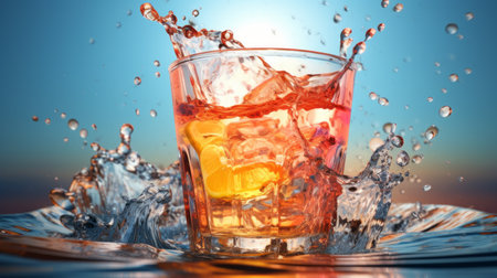 water splash and glass of juice on blue background, featuring a dynamic and action-packed composition. the photo showcases a realistic landscape with precisionist lines, incorporating dark pink and light orange hues. the vibrant colors of dark orange and yellow add a touch of sparklecore to this photobashed image. ai generatedの素材
