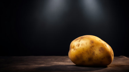 potatoes, ripe and ready for consumption, are showcased on a wooden table under a floodlight. the black background adds a dramatic touch to this stock photo, which is captured in the style of a uhd image. with elements of the golden ratio, low resolution, political minimalism, unpolished authenticity, zany humor, and the artistic influence of joel robison, this photo is a unique and captivating visual.の素材