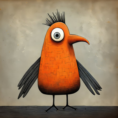 a surrealistic cartoon-style drawing of a bird with long black hair. this dark orange, concrete art piece can be found on flickr. the bird is depicted with spiky mounds of hair, creating a playful caricature. the chiaroscuro portraitures add depth and contrast to the overall composition. ai generatedの素材