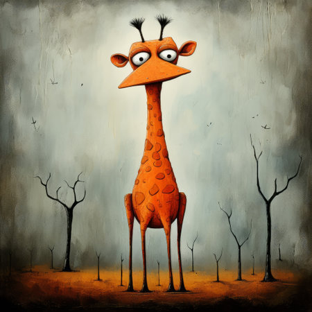 a funny giraffe stands in a grassy field in this painting, inspired by the styles of anton semenov, grzegorz domaradzki, and stephen shortridge. the giraffe's exaggerated expression adds a touch of humor to the scene, while the dark orange tones create a gloomy atmosphere. the naturalistic bird portraits add an interesting contrast to the overall composition. ai generatedの素材