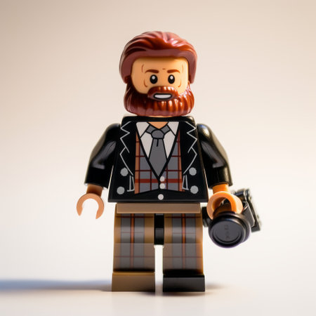 a studio portrait of a legoland minifigure with a red beard, captured in the style of the dusseldorf school of photography. this supernatural realism-inspired image showcases the minifigure's animated film pioneer persona against a backdrop reminiscent of scottish landscapes. the minifigure's light brown and black beard adds depth and character to the composition, beautifully captured using the angenieux 45-90mm f2.8 lens. ai generatedの素材