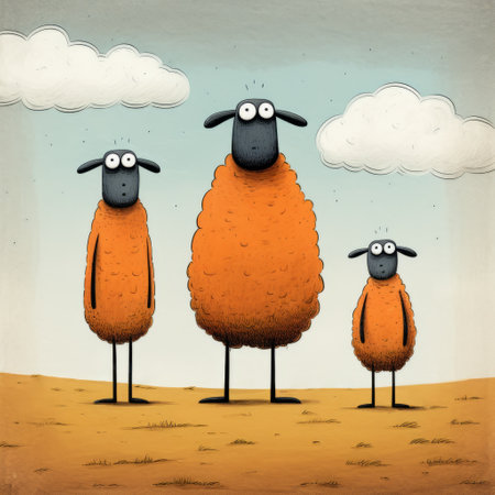 a funny and whimsical sheep comic featuring an orange cricket, inspired by the artistic styles of didier lourenco, john riley, and andy kehoe. created using vector art and minimalist painting techniques, the illustration showcases toy-like proportions and stipple effects. discover this delightful artwork on flickr. ai generatedの素材