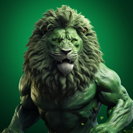 a green lion, inspired by the style of zbrush, is depicted in its natural habitat, standing confidently on the ground. this artwork showcases a realistic portrayal of the lion, with inventive character designs reminiscent of superheroes. the artist, adonna khare, skillfully combines elements of iconic pop culture caricatures with the graphics seen in xbox 360 games. ai generatedの素材