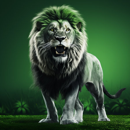 a large lion, depicted in a dark emerald and white aggressive digital illustration style, stands in the middle of a grassy field. this national geographic photo showcases the lion's strong facial expression and realistic depiction of light. the zbrush technique used in this artwork adds depth and character to the lion's features, creating a captivating and dynamic image. ai generatedの素材