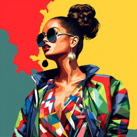fashion model wearing sunglasses, adorned with a vibrant patterned necklace, showcased in a colorful illustration reminiscent of spray paint art. the artwork features a rich color palette inspired by afro-colombian themes, created by the talented artist artgerm. this high-resolution illustration captivates with its bold chromaticity and intricate details. ai generatedの素材