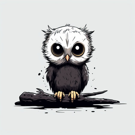 a baby owl perched on a dark background, showcasing expressive manga style. the image features stark minimalism, animated gifs, dark white, dark silver, colorful cartoon elements, and a touch of harsh realism. the overall composition is eye-catching and captivating. ai generatedの素材