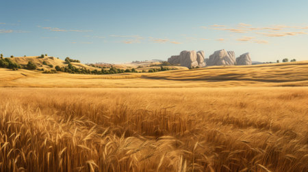 a breathtaking 3d rendering of a grain field with mountains, showcasing the beauty of nature. this photo captures the essence of naturalistic renderings and spatial concept art, reminiscent of a national geographic photo. the panel composition mastery is evident, reminiscent of classical and historical genre scenes. the golden light adds a touch of warmth to the realistic and hyper-detailed renderings. ai generatedの素材
