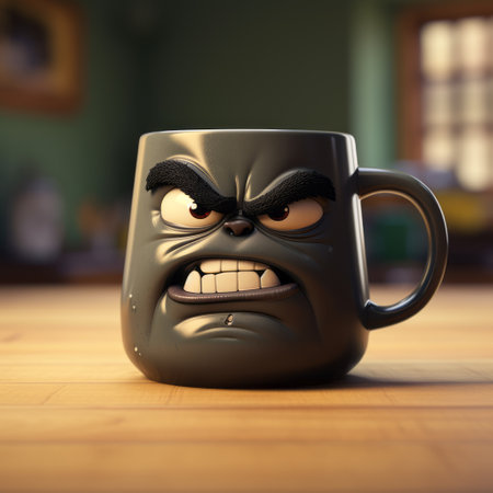 an animated comic character mug sits on a wooden table, showcasing intense expressions and raw emotions. created in the style of photobashing, this darkly comedic caricature-like illustration captures the essence of the character. crafted using zbrush, the tilt shift effect adds an extra touch of visual appeal. ai generatedの素材