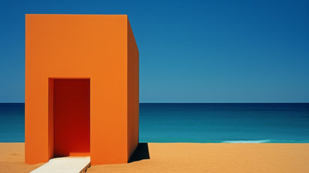 an orange building with steps stands gracefully by a sandy beach, showcasing the vibrant essence of colorful minimalism. the azure backdrop of the sea adds a touch of serenity to this spanish school of minimalist nature studies. the rectangular fields and luminous hues create a spectacular and captivating scene. ai generatedの素材