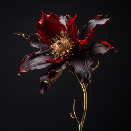 flowers on a black background featuring a red flower, showcasing organic sculpting in dark red and bronze tones. these porcelain creations exude a dreamy and romantic atmosphere, reminiscent of baroque-inspired sculptures. captured using kodak ektar 100 film, these photorealistic compositions beautifully capture the intricate details of these stunning floral arrangements. ai generatedの素材