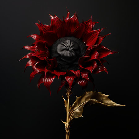a stunning sunflower featuring a sleek black tulip, a luxurious 24k gold stem, and intricate gold accents. the petals are adorned with vibrant red sapphires, adding a touch of opulence. this captivating composition was expertly captured in a studio photography setting, with moody dark lighting and exquisite detail texture. ai generatedの素材