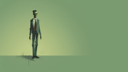 a green guy in a suit and tie stands against a minimalist backdrop of black, white, and green. the artwork is reminiscent of the zombiecore style, with subtle atmospheric perspective and muted tones. the illustration features simple yet colorful elements, while the slender figure contrasts with the rusty debris in the scene. ai generatedの素材