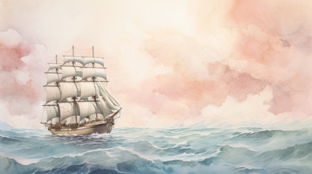 sailing ship floating gracefully on a watercolor background, surrounded by ethereal clouds. this stunning artwork, created in the style of subtle gradients, captivates with its 8k resolution. the juxtaposition of hard and soft lines adds depth and intrigue to the mural painting. commissioned for the detailed character design, this masterpiece showcases the beauty of the ferrania p30 film. ai generatedの素材