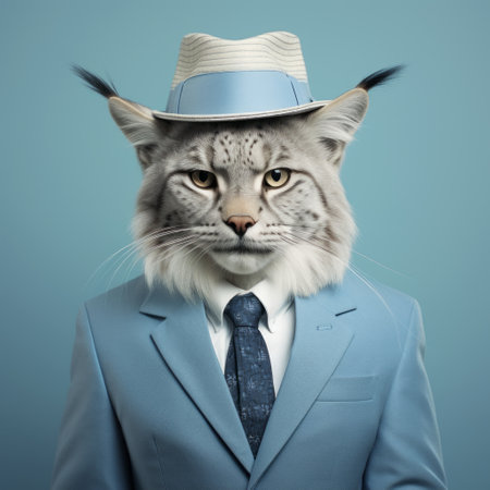 a cat dressed in a blue suit and hat, captured in a photorealistic portrait style. this digital manipulation showcases a unique blend of corporate punk aesthetics, with a color palette of light gray and teal. the evocative environmental portrait highlights the cat's bold and busy personality, complemented by its elegant clothing. ai generatedの素材