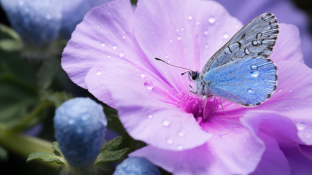 blue butterfly perched delicately on a flower, adorned with glistening water droplets. captured with a sigma 105mm f14 dg hsm art lens, this national geographic photo showcases poetic pastoral scenes. the uhd image portrays a tranquil still life, with vivid colors in a light magenta and light gray style. ai generatedの素材