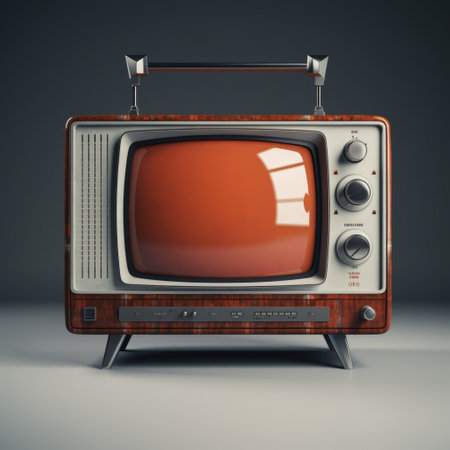 an old television with a red television screen sits on a gray background. the television is meticulously detailed, ceramic, and colorized in the style of dark green and amber. the design is inspired by vintage advertisements, featuring light orange and light indigo monochrome toning. ai generatedの素材